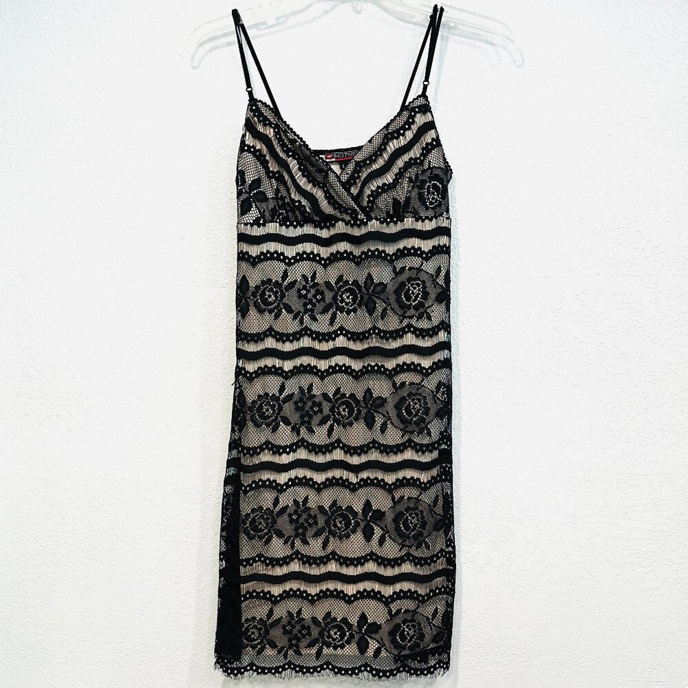 Hot Kiss Dress Black Floral Lace Spaghetti Strap Light Padded Cups V-Neck Size L